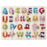 WOODEN UPPER CASE ABC PUZZLE, WORDS WITH KNOBS