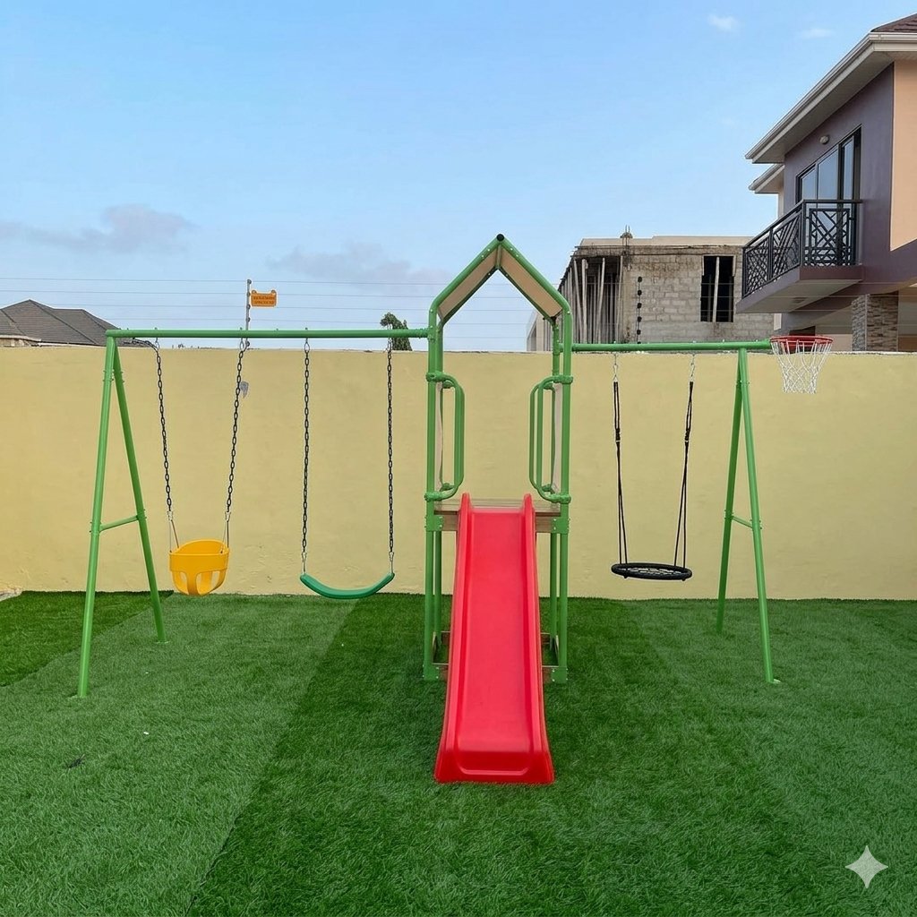 WOODEN PLAYHOUSE SLIDE , DOUBLE SWING