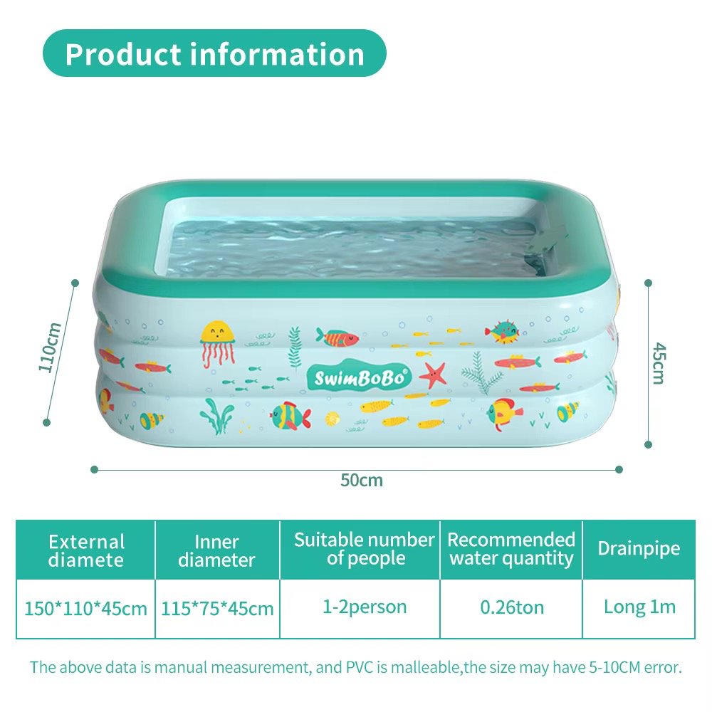 Premium Thickness Inflatable Swimming Pool Outer Size: 150*110*45cm; Inner Size: 115*75*45cm